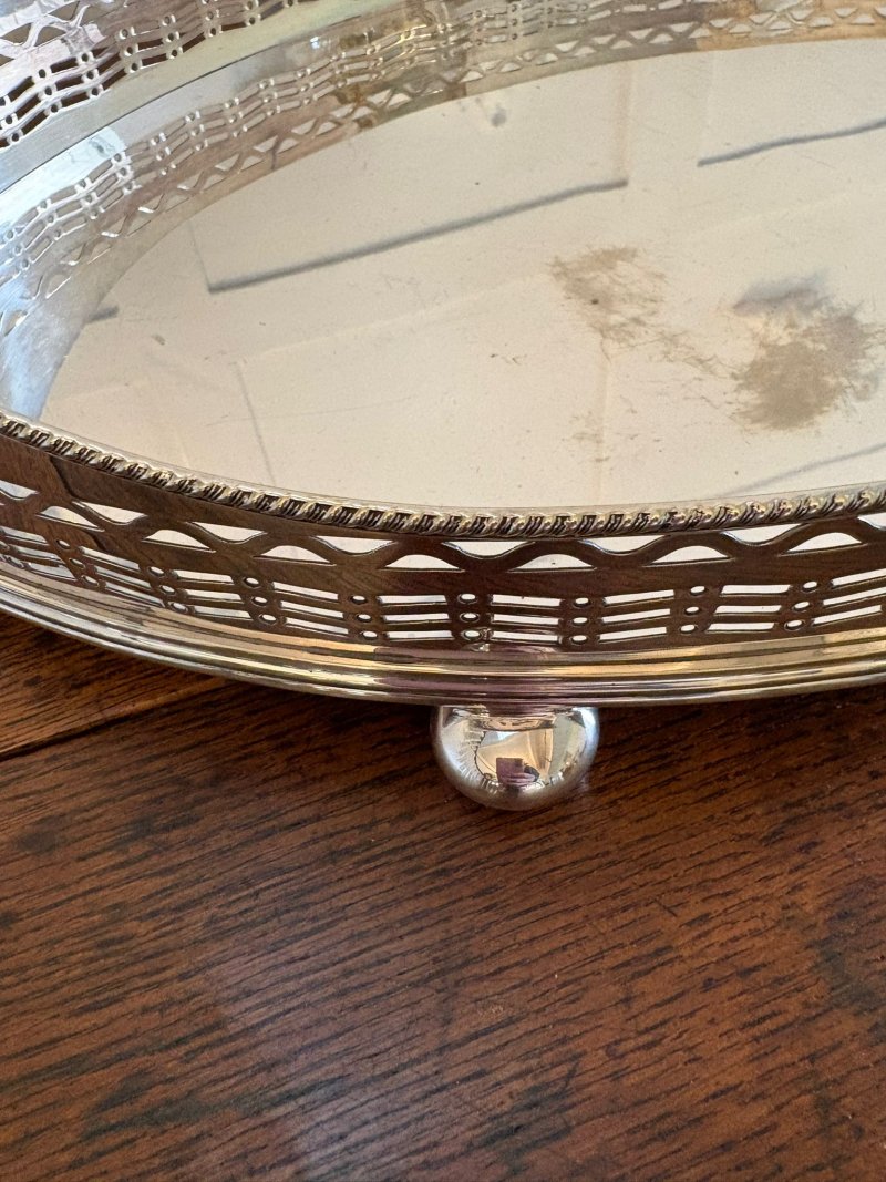 Antique Large Edwardian Silver Plated Oval Gallery Cocktail / Decanter Tray with Handles - Image 4